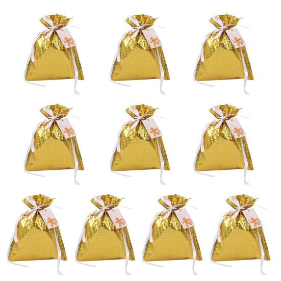 10 Pcs Christmas Drawstring Gift Bags Holiday Foil Gift Bags Reusable Xmas Gift Wrapping Bags for Gifts Presents Xmas Party Favors