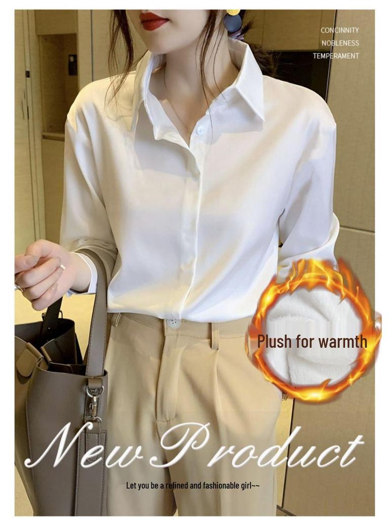 Women's Long Sleeve Velvet White Shirt - 2025 Autumn/Winter Style, Loose Fit, Niche Design