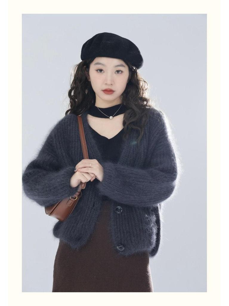 Korean Style V-Neck Loose Knit Cardigan - Soft, Fluffy, Gentle Women's Fashion