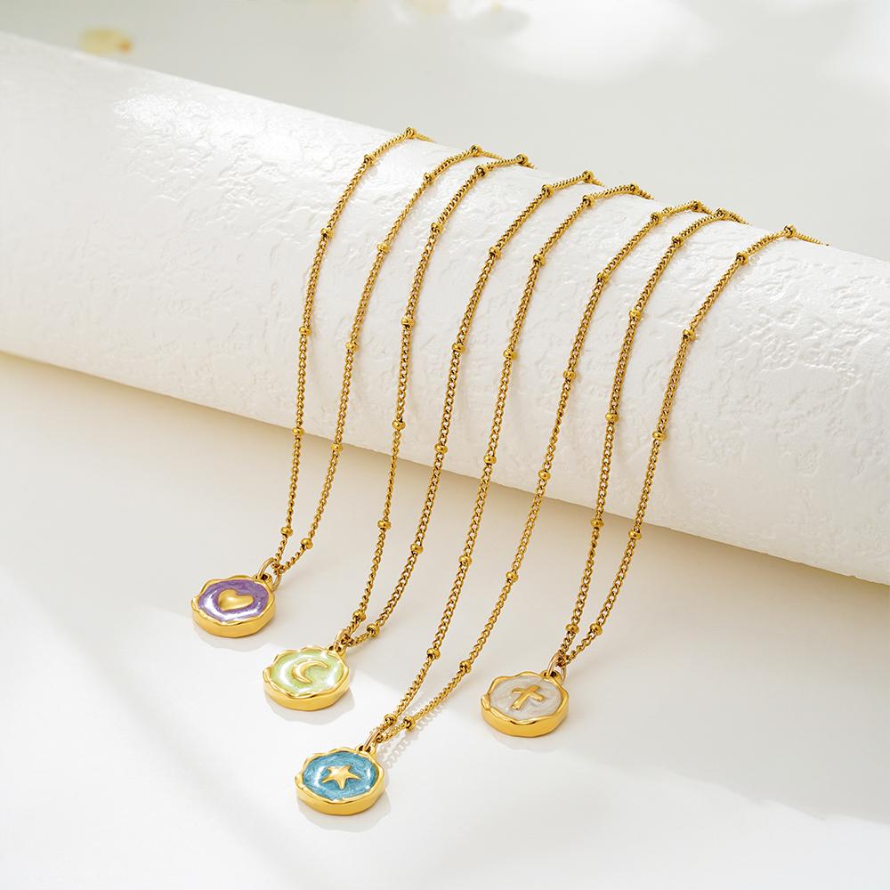 Punk Geometric Irregular Enamel Colorful Natural Stone Pendant Necklace for Women Stainless Steel Cross Heart Opal Choker Gifts