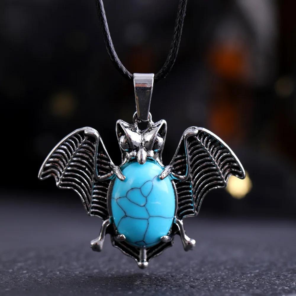 Halloween Crystal Stone Bat Vintage Pendant For Women Necklace Natural Amethyst Rose Quartz Lapis Lazuli Pendant Jewelry Making
