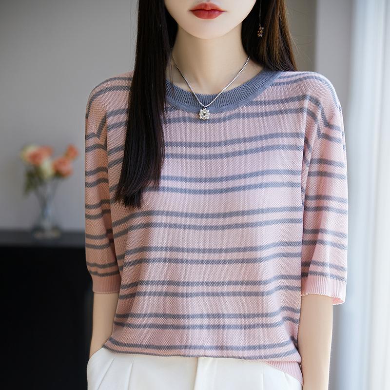 

Tencel crew neck striped knitted sweater short sleeve women s summer new fashion versatile gradual change color half sleeve bottoming shirt top M рожевий