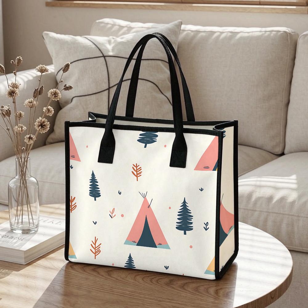 Cute Camping Pattern Tote Bag Stylish Portable Outdoor Daily Use Large Capacity Casual Canvas Handbag