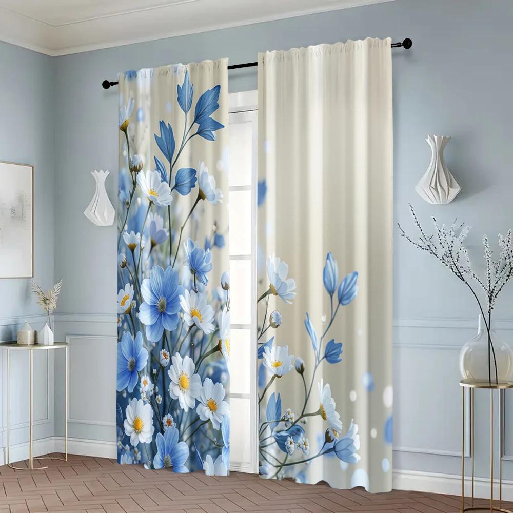 Window Curtain Rose Blue Chinese Painting Versatile Polyester Without Rod Art Deco Festive Perfect Bedroom Curtains Set Of 2 Made Master Decor