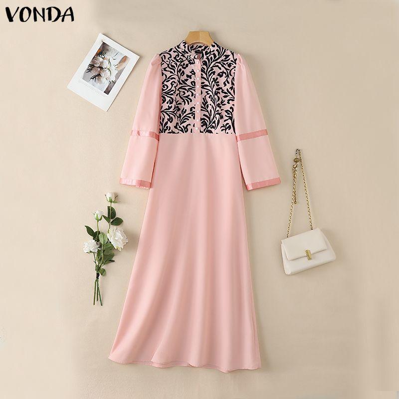 VONDA Elegant Women Puff Sleeve Print Patchwork Casual Loose Maxi Dress
