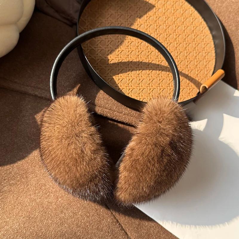New Winter Luxury Women Warm Real Natural Mink Fur Earmuff Outdoor Fashion Mink Fur Earmuffs Girl Winter Ear Protection