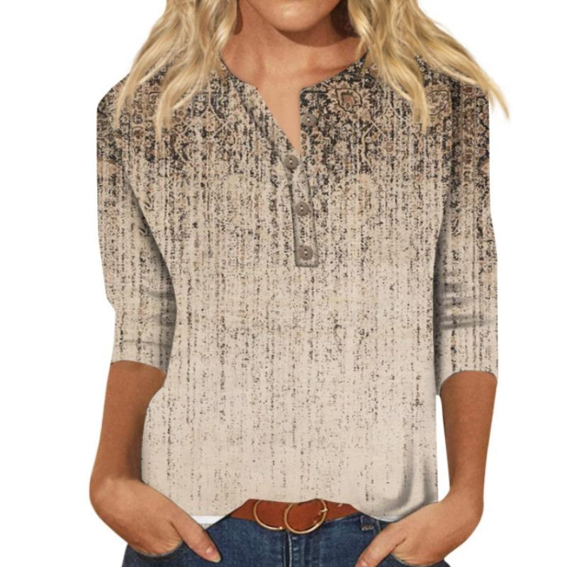 Button V-neck 3D Printed Top Fashionable Casual Long Sleeved Women's T-shirts