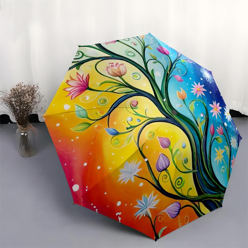 1pc Colorful Floral Tree Artwork Umbrella with Plastic Handle,Suitable for All Seasons Home Travel Outdoor UmbrellaDD278