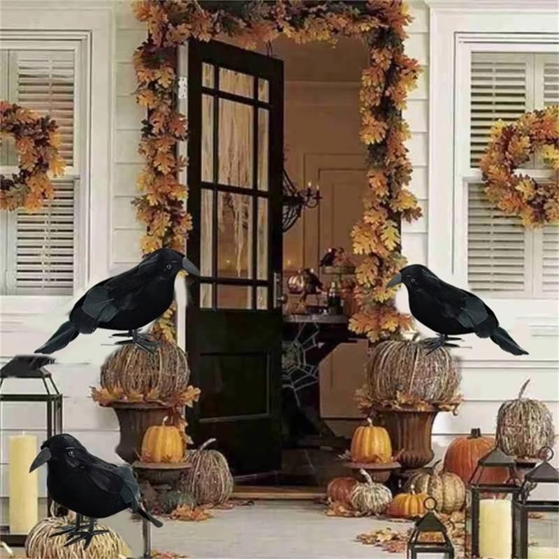 A95I-Halloween Decoration Simulation Black Crow Prop Set Fake Bird Ghost Halloween Black Crow Toys Scary Festival