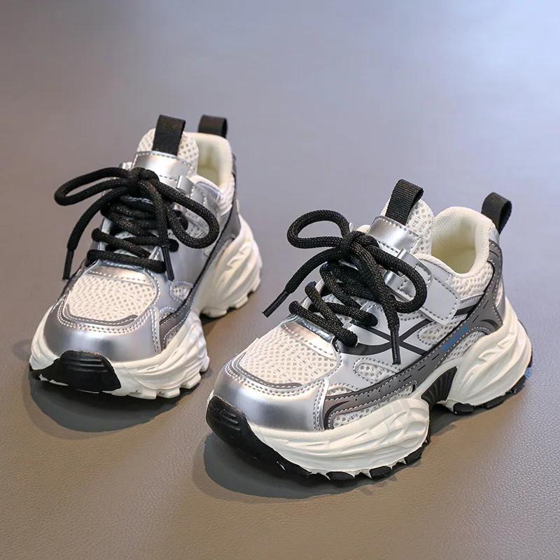 

Children Mesh Sports Shoes Spring New Kids Sneakers for Girls Boys Lightweight Soft-soled Toddlers Running Chunky Sneakers 27 серебряный
