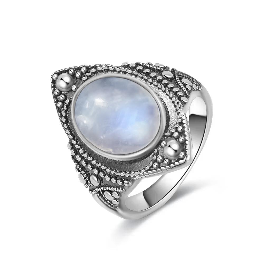 Vintage 925 Sterling Silver Natural Moonstone Rings Bohemia Oval Shape Retro Ring Gifts Fine Jewelry for Women Men