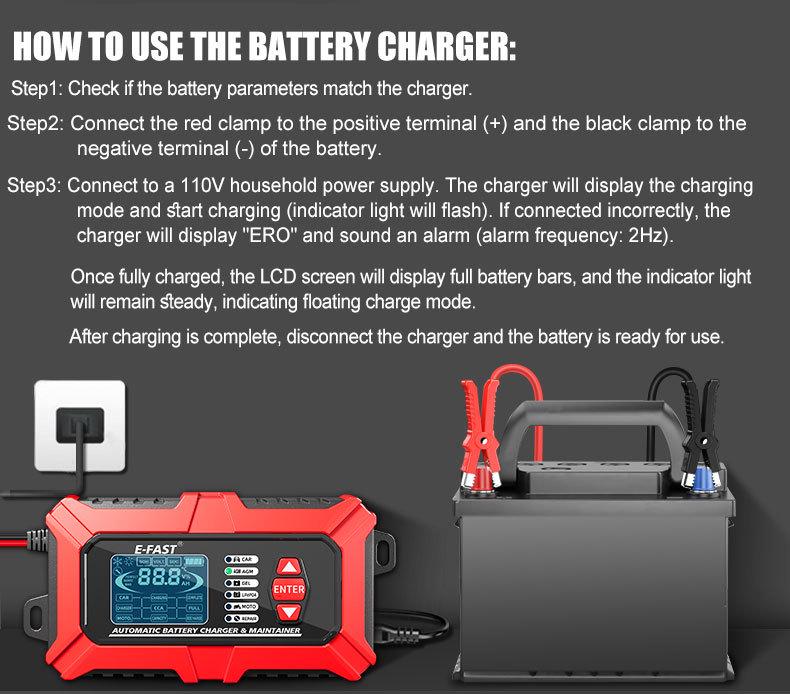 E-FAST 12V Battery Tester & Analyzer for Car/Motorcycle - Lead-Acid & Lithium-Iron Fast Charger