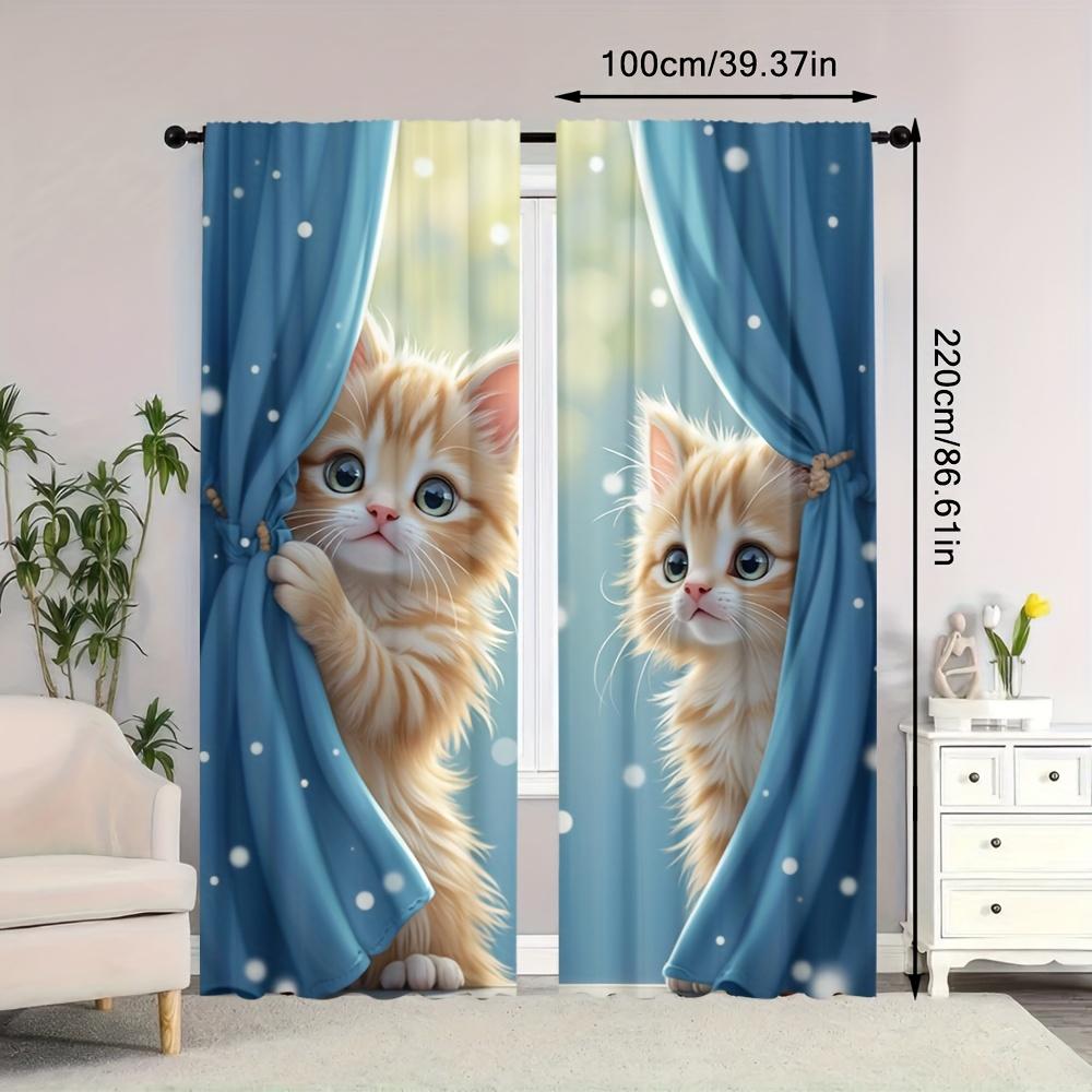 2pcs Adorable Ginger Cat Print Curtains – Easy-Hang   Machine-Washable with Rod Pocket for Living Room & Bedroom