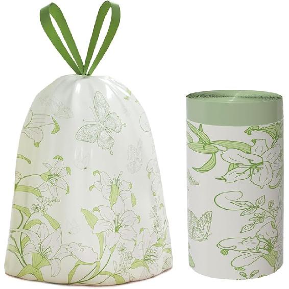 4 Gallon Trash Bags, Small Garbage Bags with Drawstring and Printed Lily Design, Tear-Free, Leakproof & Durable Small Trash Bags for Bathroom,