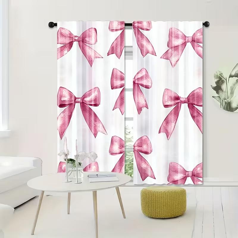 2PC Pink Watercolor Bow Curtains - Cute Girly Print Window Drapes for Girls Bedroom Living Room Decor