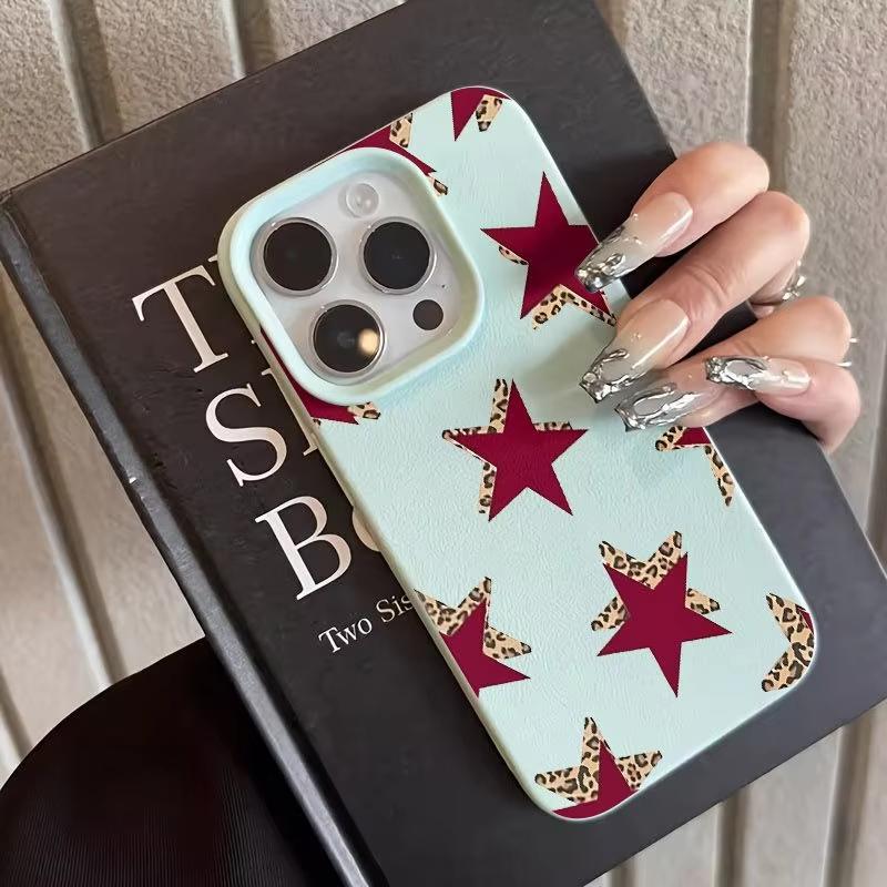 

Red Star Leopard Print Phone Case For iPhone 17 Pro Max 16 Plus 15 Pro 14 13 12 11 XS XR 17Air Lychee Textur Soft Cover iPhone XS Max