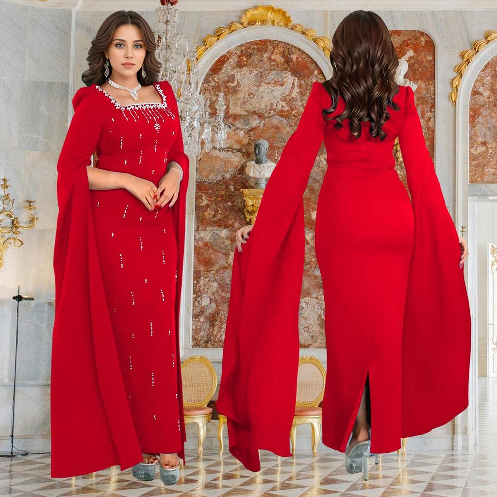 Cross-Border Elegant Women's Dress with Back Slit, Cape Sleeves, and Rhinestone Details
