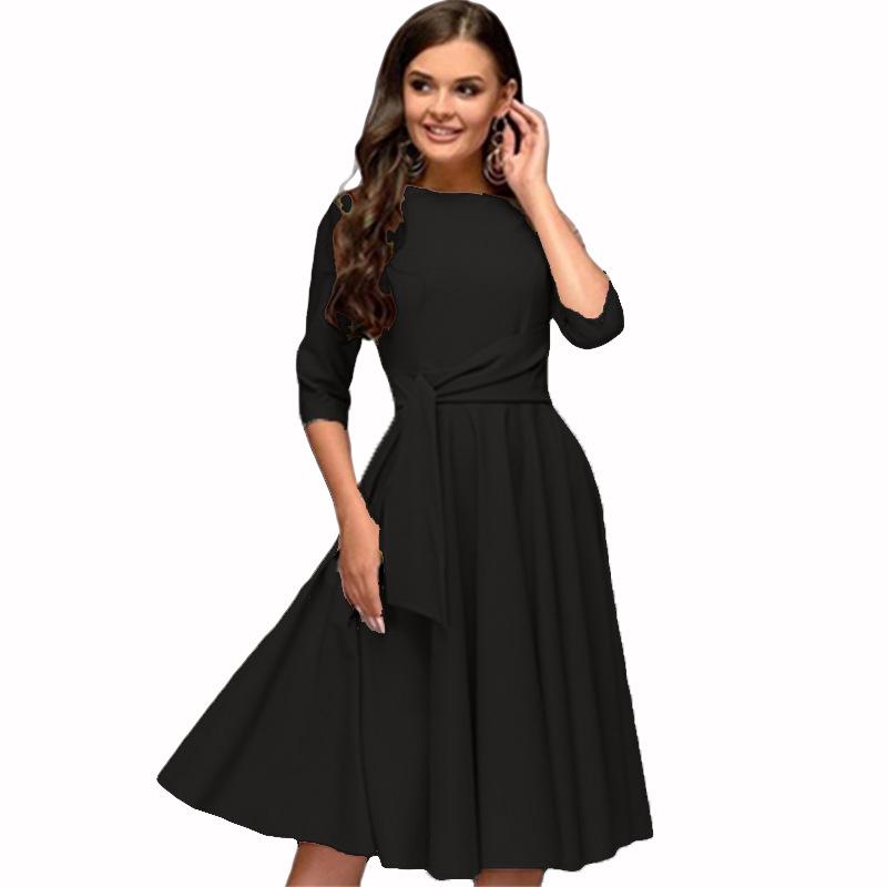 Autumn 2022 Round Neck Tie-Waist Mid-Sleeve Dress with Large Swing Skirt