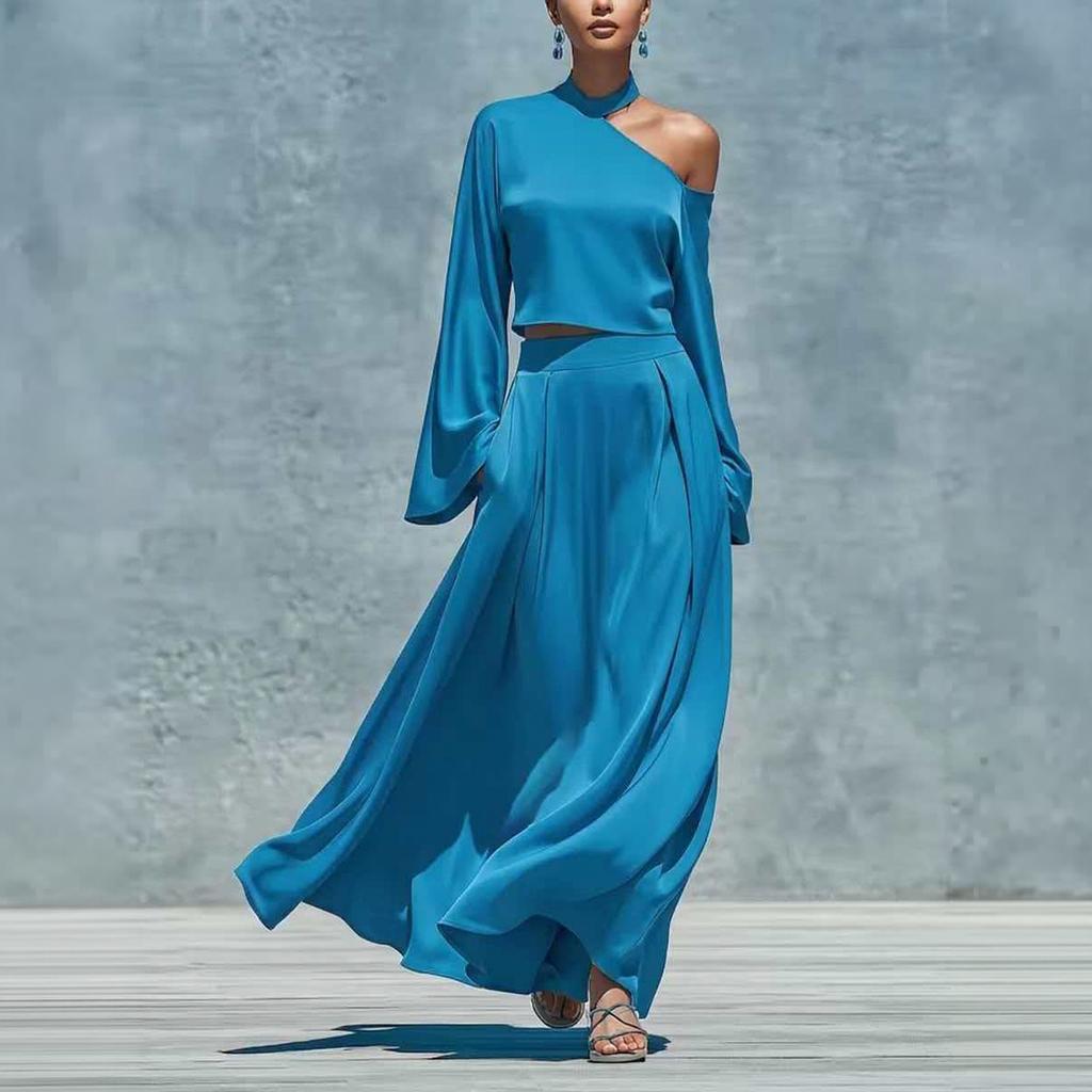 Women's Color One-Shoulder Long Sleeve Top and High-Waist Skirt Two-Piece Outfit Set