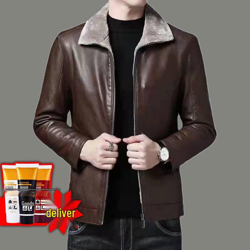 2024 Men's Fleece-Lined & Thin Style Winter Leather Jacket for Middle-Aged and Elderly