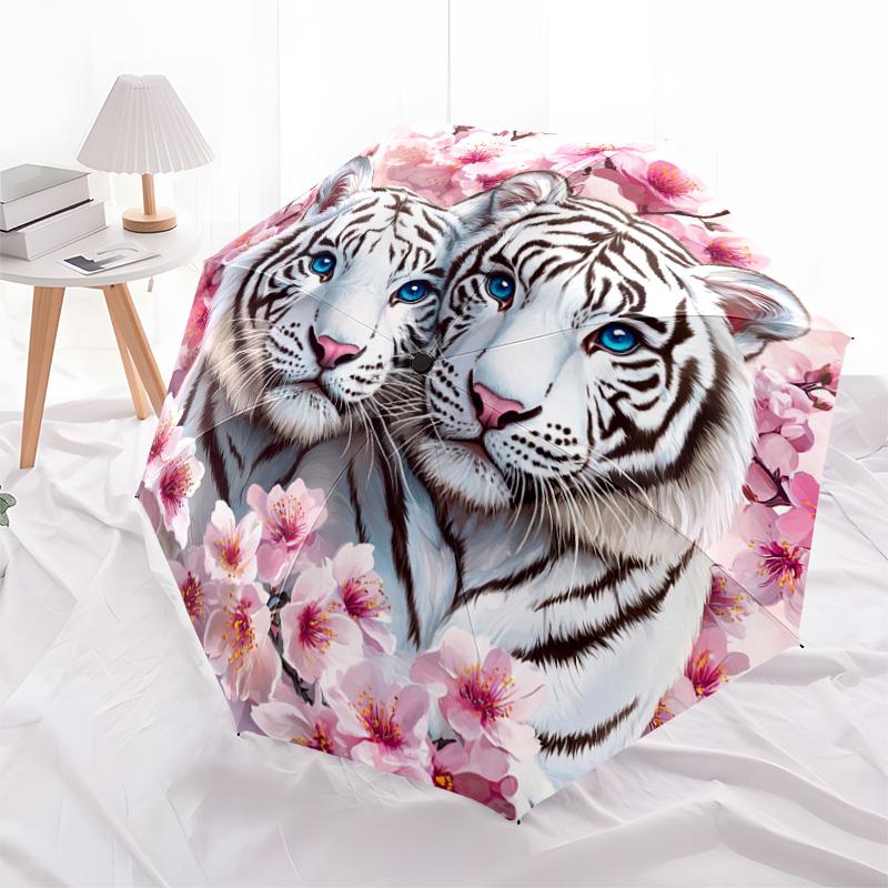 1 PC Automatic Folding Umbrella - White Tiger Pattern, Portable & Foldable Design with 8 Ribs, Christmas Birthday Gifts