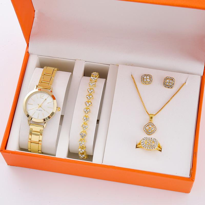 5Pcs/Set High Fashion Diamond-Encrusted Women'S Watch Small Fresh Retro Simple Watch Women'S Bracelet Set