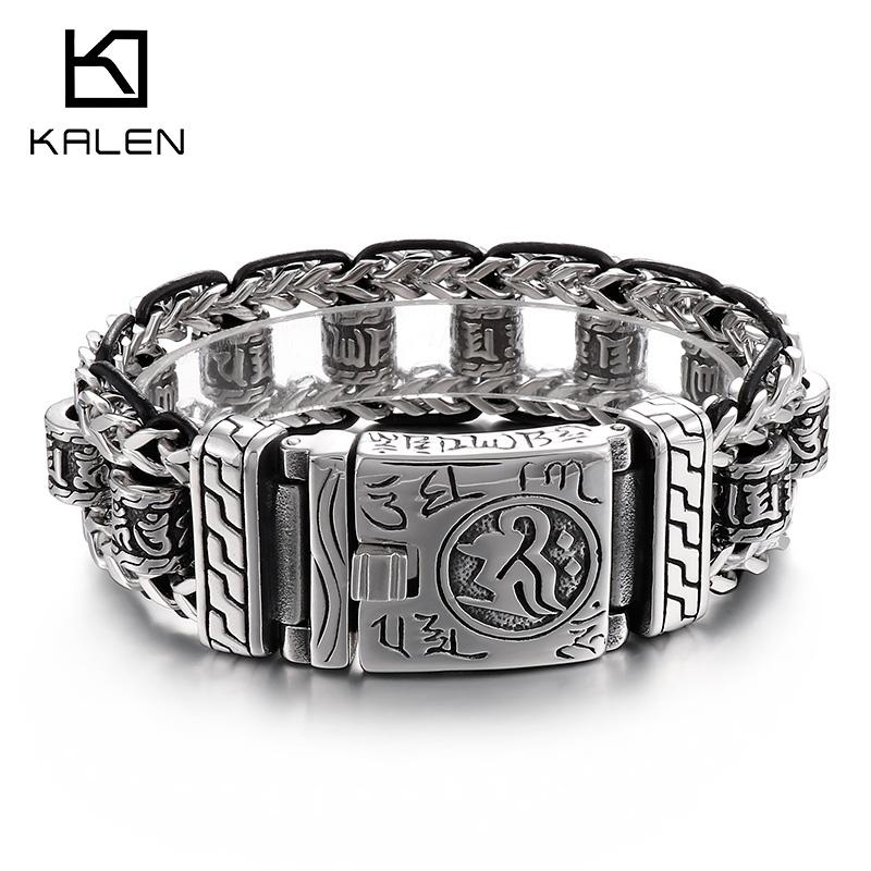 KALEN Om Mani Padmei Hum Heavy Men's Bracelet Hip Hop Vintage Punk Stainless Steel Charm Bracelet Fashion Gift Party Jewelry