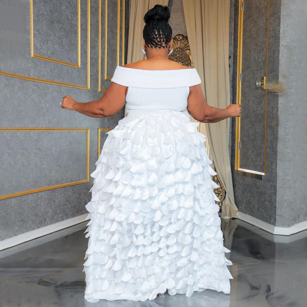 Maxi Abito da Donna Taglie Forti a Spalle Scoperte con Ruffle a Petalo 3D Vita Alta Lunghezza Maxi Elegante Abito da Sera Abito per Ospite di Matrimonio Formale Abito da Ballo