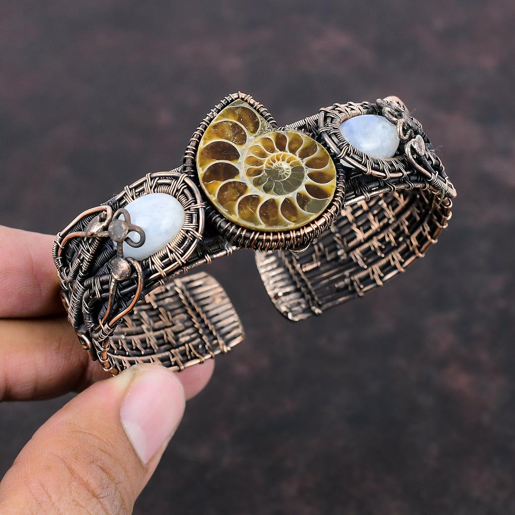 Ammonite Fossil Cuff Bracelet Copper Wire Wrapped Gemstone Bangle Rainbow Moonstone Cuff Bracelet Adjustable Bangle Handmade Copper Jewelry