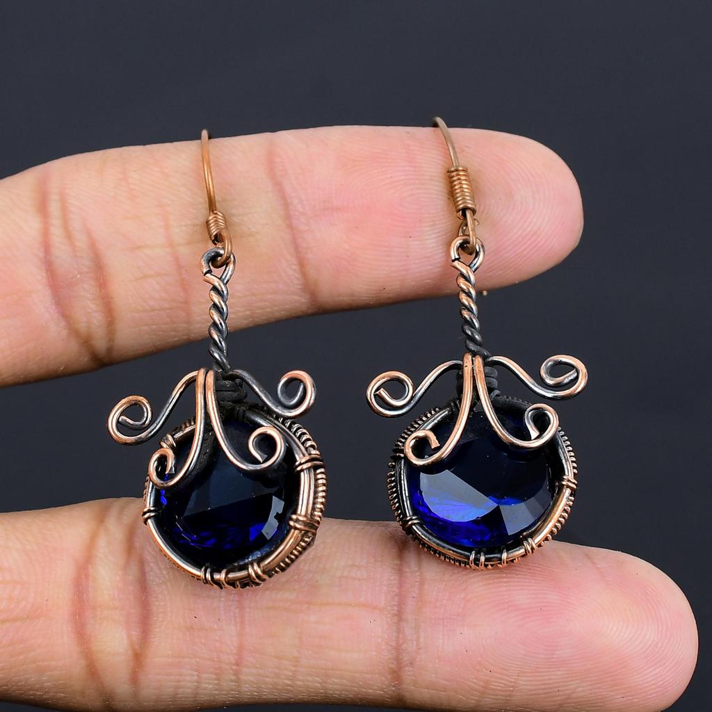 Blue Sapphire Earrings, Handmade Gemstone Earrings, 999 Copper Wire Wrapped Earrings Antique Jewelry, For Engagement Gift
