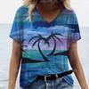 New Women T-shirt Cocoanut Tree Print Oversized Women's Trending Clothing Fashion Short Sleeve Shirt Women V-Neck Blouse 2024