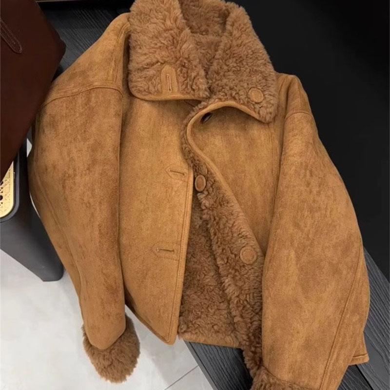 Damen Kunstpelzjacke Kaffeefarben Kleiner Duftiger Stil Lammwolljacke Retro Lässig Winter Warmer Mantel