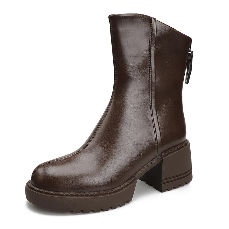 2024 Podzim/Zima Měkké Kožené Kozačky Dámské Britské Silný Podpatek Kulatá Špička Martensky Silný Zadní Zip Střední Podpatek Úzké Kozačky