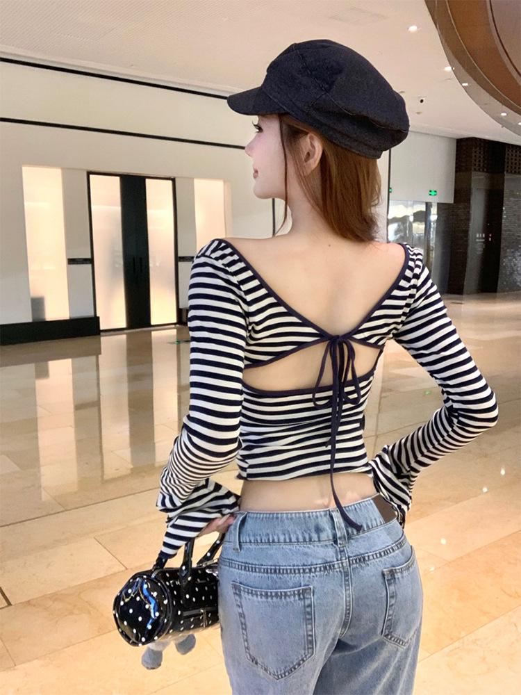Women's Slim-Fit Striped Backless U-Neck T-Shirt, 2026 Autumn Long-Sleeve Base Layer Design