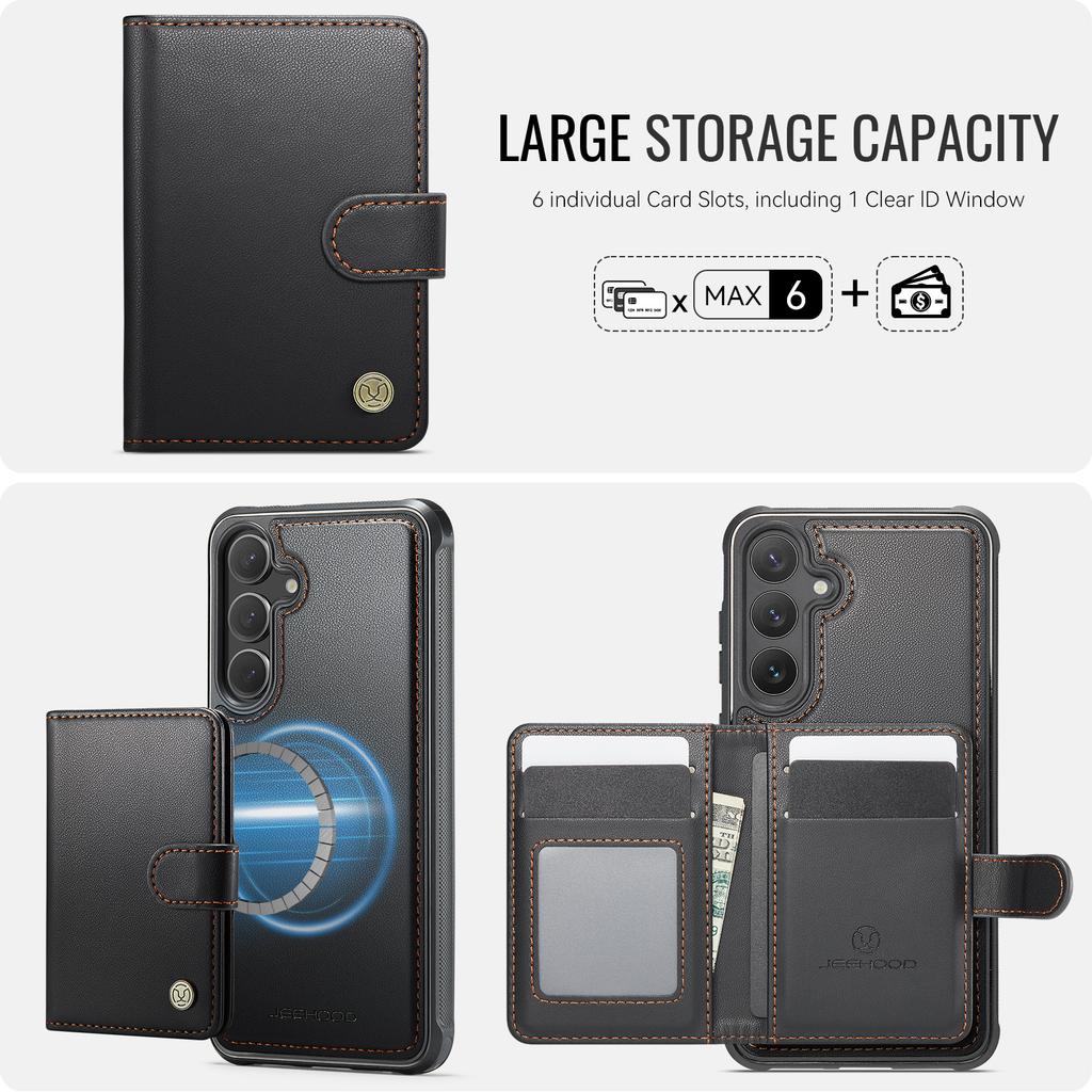 For Samsung Galaxy S25 Case JEEHOOD J09 RFID Blocking Card Holder Leather Back Phone Cover Magnetic Case