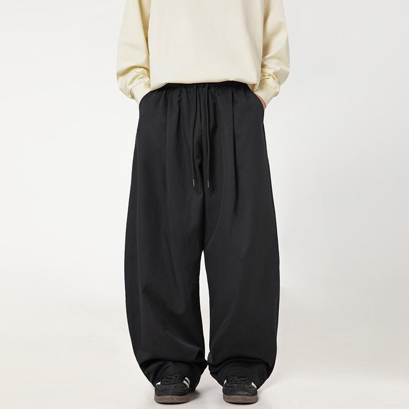 Men S Pleated Loose Straight Leg Casual Trousers Drawstring Waist Retro Pants
