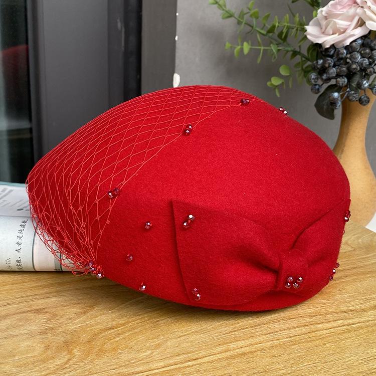 French British Retro Woolen Top Hat Autumn And Winter Bow Mesh Yarn Hat Styling Bud Hat Female Elegant Stewardess Hat