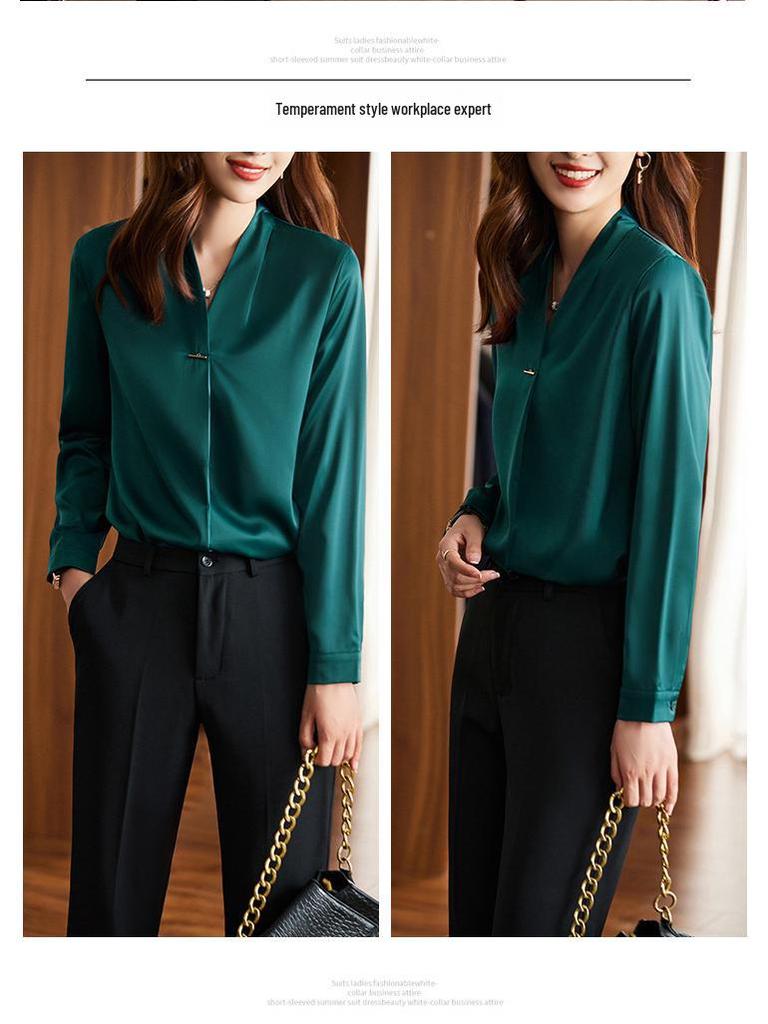 Women's V-Neck Chiffon Satin Shirt - High-End, Long-Sleeve, Anti-Wrinkle, Perfect for Spring and Autumn.