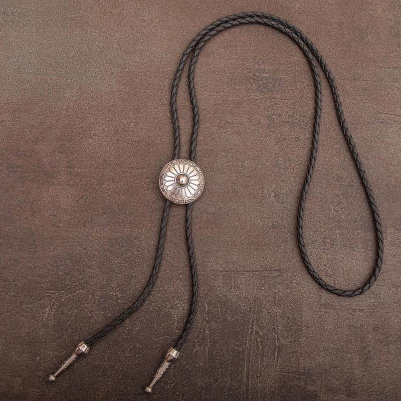 Men's Western Bolo Tie with Flower Pattern Metal Pendant Adjustable Leather Rope Necktie Vintage Necklace Shirt Chain