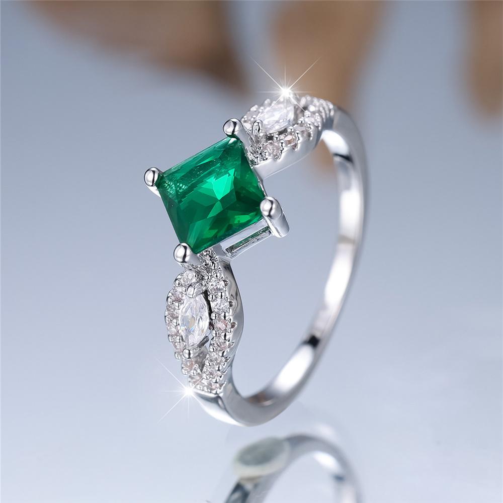 Princess Cut Square Green Zircon Rings for Women Silver Color Promise Engagement Rings Romantic Wedding Party Jewelry Gift