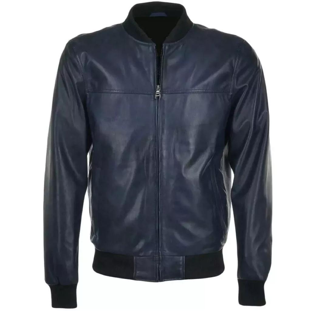 Navy Blue Bomber Stylish Black Men's Leather Genuine Lambskin Handmade Casual Biker Jacket