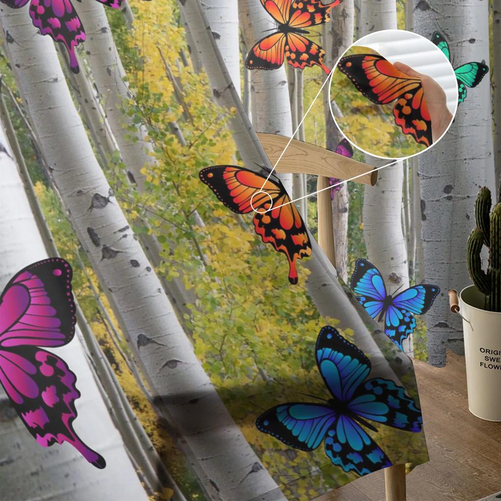 Color Butterfly Birch Forest Chiffon Curtains Living Room Bedroom Home Decoration Window Voiles Tulle Curtain Sheer Polyester Ideal For Area