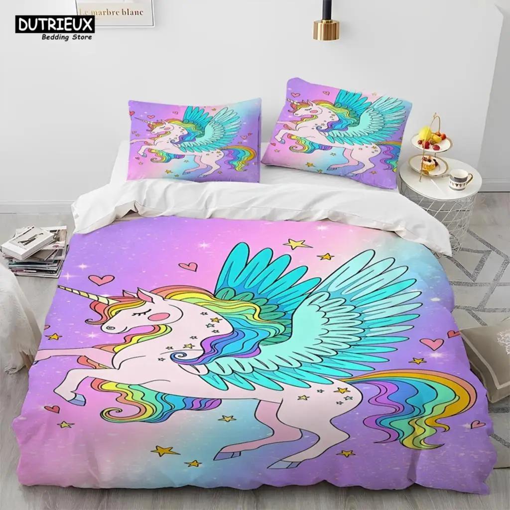 Einhorn Niedlich Cartoon Bettdecke Bettwäsche Set,Bettbezug Bett Set Bettdeckenbezug Kissenbezug,Queen Bettwäsche Set
