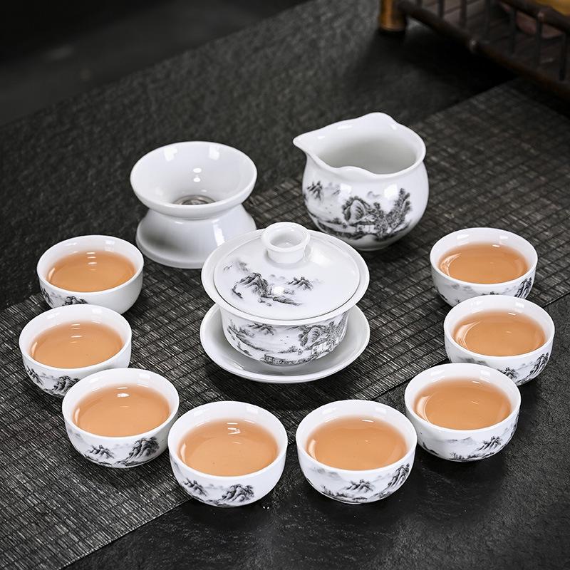 White Porcelain Kung Fu Tea Set with Blue and White Cups & Gaiwan - Ideal for Company Events and Promotional Gifts.