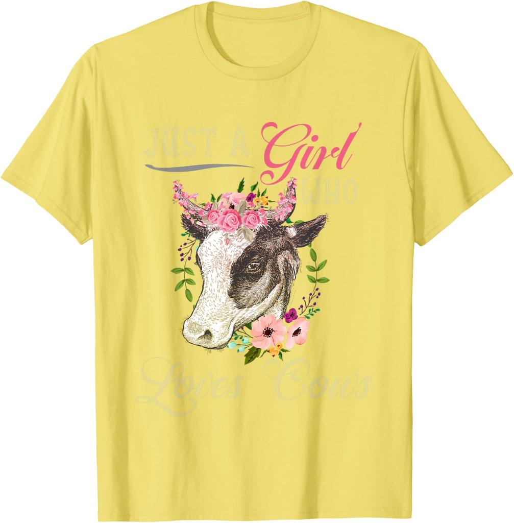Just a Girl Who Loves Cows Graphic Tee Cute Floral Cow Head Women Casual T-Shirt