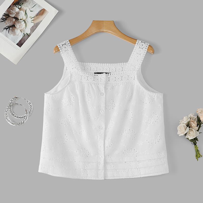 ZANZEA Women Lace Splice Square Collar Summer Casual Sleeveless Vest Tops