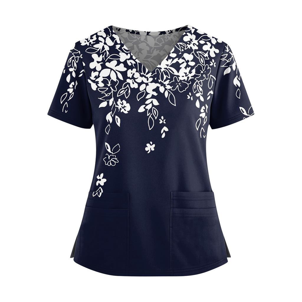 Women's Fashionable Printed V Neck Double Pocket Short Sleeved Shirt With Slit Hem Uniform And Worker Top