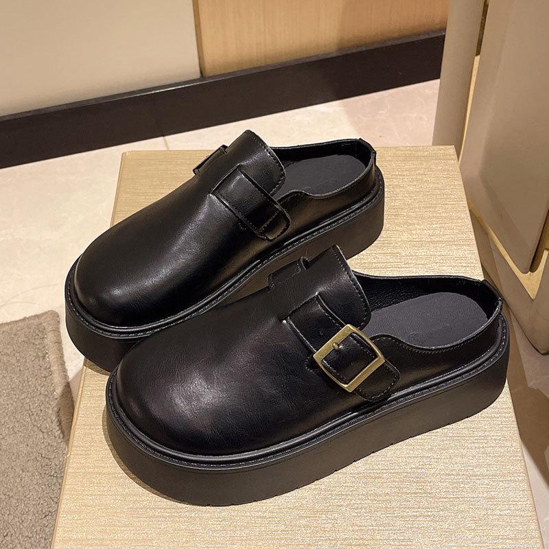 Casual single shoes, lazy one pedal, black leather shoes for women, 2025 new spring and summer thick-soled bag head and half slippers