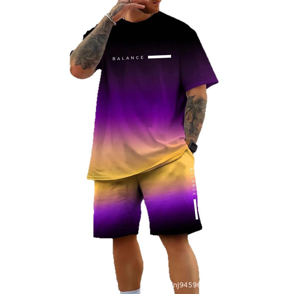 

Мужской комплект с градиентным 3D-принтом и коротким рукавом – Спортивный летний повседневный костюм-двойка Large