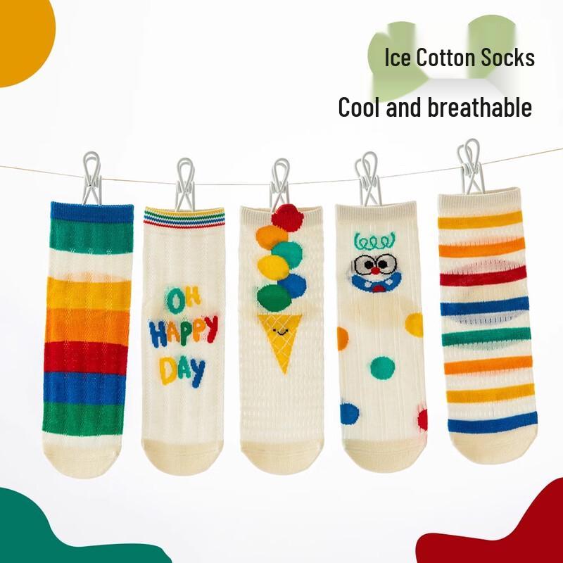Yuzhaolin Kids  Summer Rainbow Mesh Mid-Tube Socks (5 Pairs) M